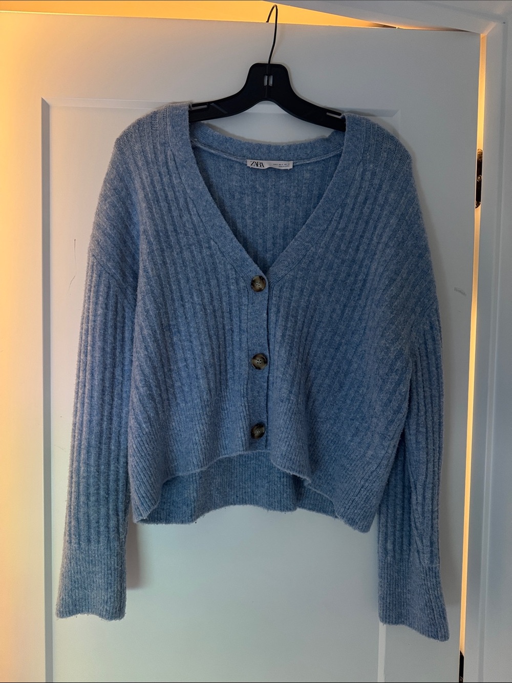 Zara Light Blue Ribbed V-Neck Buttoned Cardigan